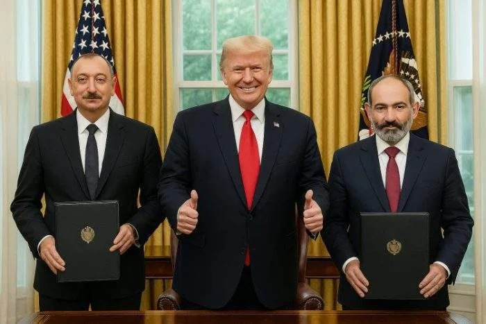 President Donald Trump stands in the Oval Office with Azerbaijani President Ilham Aliyev and Armenian Prime Minister Nikol Pashinyan, holding signed peace documents.