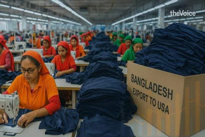 Workers in a Bangladeshi garment factory stitching clothes for export, symbolizing the country’s RMG industry facing U.S. market challenges.