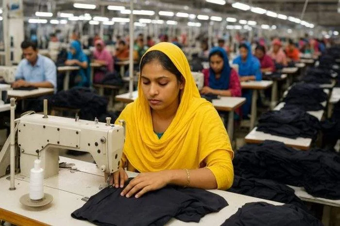 A busy garment factory floor in Bangladesh with workers sewing clothes, symbolizing the country’s export sector challenges.