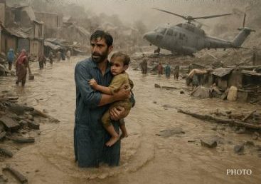 A man carrying a child wades through floodwaters in Pakistan as destroyed homes and a crashed helicopter are seen in the background.