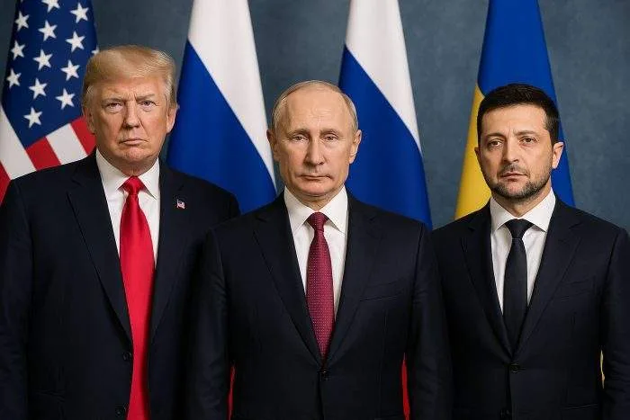 Donald Trump, Vladimir Putin, and Volodymyr Zelensky standing together in front of U.S., Russian, and Ukrainian flags, symbolizing proposed peace talks.