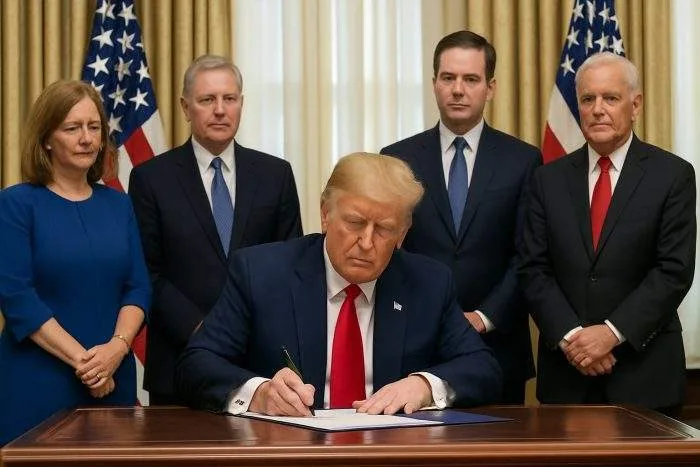 Donald Trump signs a bill into law at the White House, seated at a wooden desk with U.S. flags and officials standing behind him.