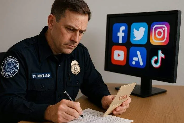 A U.S. immigration officer reviews a visa application while a monitor shows social media icons, symbolizing new vetting policies.