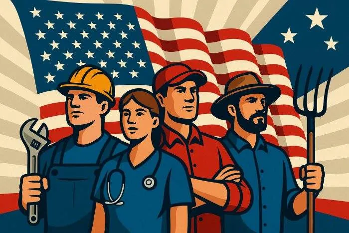 A digital illustration of American workers—construction worker, nurse, trucker, and farmer—standing proudly with the U.S. flag in the background.