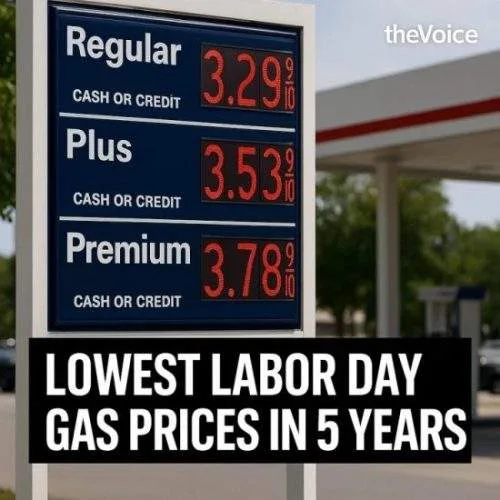 Gas station price board showing the lowest Labor Day fuel prices in five years, symbolizing the Trump administration’s claims of strong U.S. economic momentum.