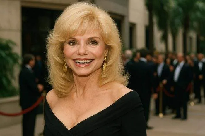 Loni Anderson, in a glamorous black dress, smiles brightly at a red carpet event surrounded by a blurred crowd and greenery.