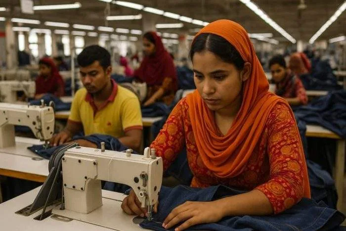 Garment workers in a Bangladeshi factory sewing denim products under bright fluorescent lighting