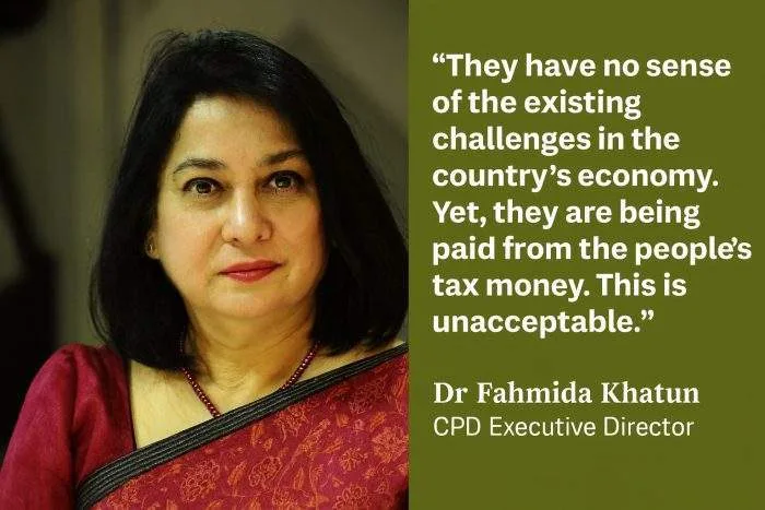 Dr. Fahmida Khatun, Executive Director of the Centre for Policy Dialogue, in a maroon saree, speaking on the misuse of public funds in Bangladesh.