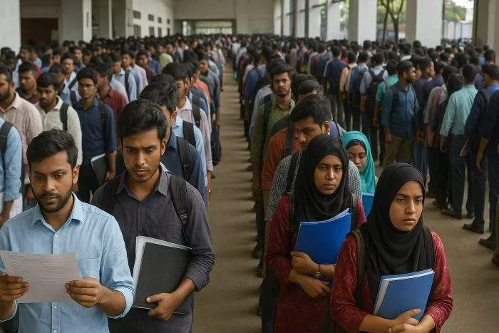 Bangladeshi graduates gather at a job fair in Dhaka, holding resumes and waiting in long queues.