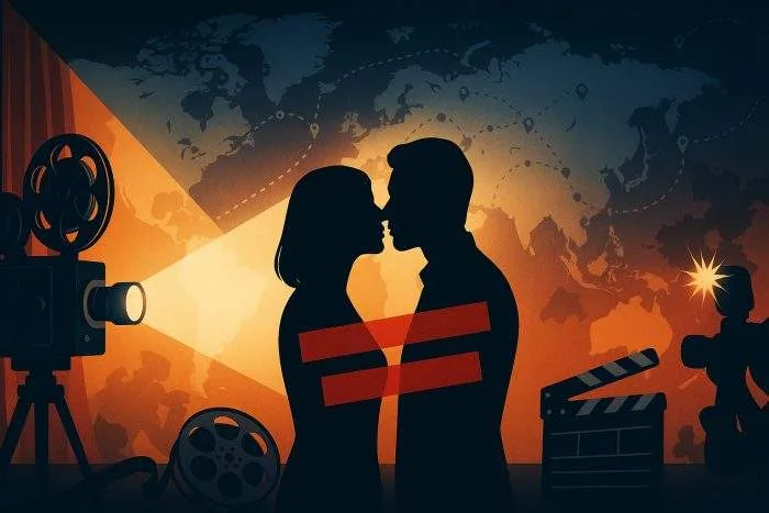 Cinematic collage of a silhouetted couple about to kiss, a film projector beam, world map backdrop, subtle red censor bars, paparazzi flashes