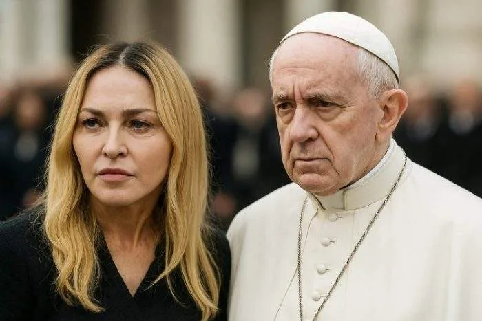 Madonna and Pope Leo XIV stand side by side in an outdoor setting, both wearing solemn expressions, with a blurred crowd in the background.