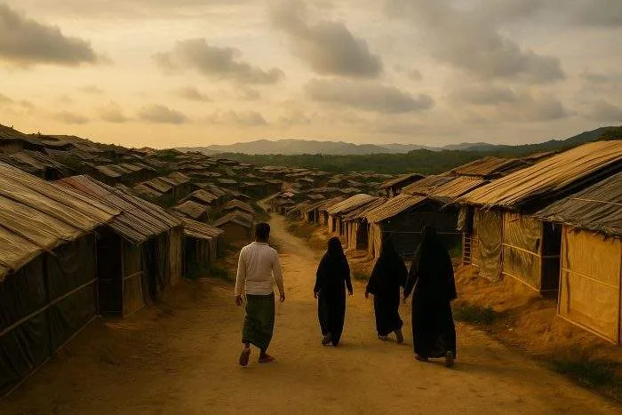 Late-afternoon view of a Rohingya camp in Cox’s Bazar with rows of bamboo-and-tarpaulin shelters and refugees walking along a dusty path.