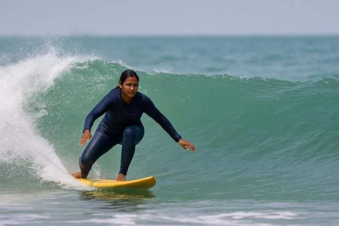 Nasima Akter, Bangladesh’s first female surfer, rides a powerful wave at Cox’s Bazar beach.