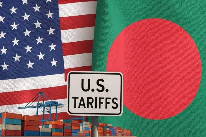Composite image of U.S. and Bangladesh flags with shipping containers and a “U.S. Tariffs” sign in front.