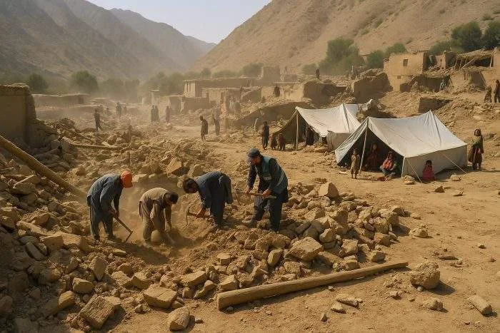 Collapsed mud-brick homes and rescue workers amid debris in a mountainous Afghan village.