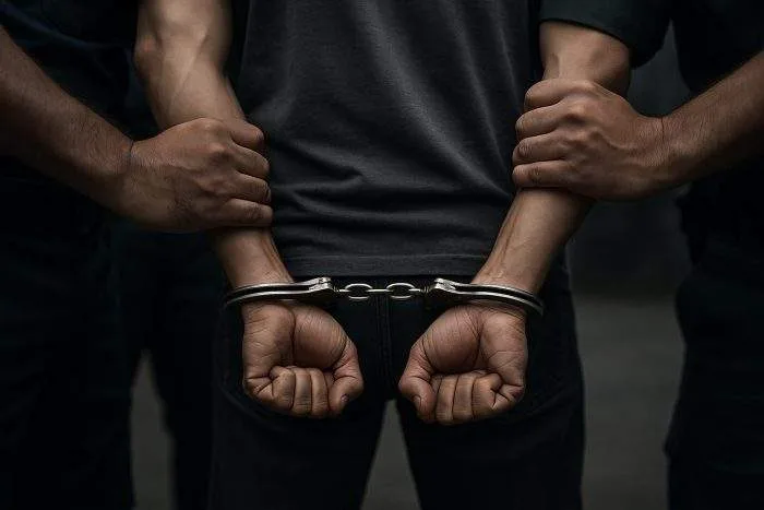 Close-up of a handcuffed person’s wrists held tightly by two officers.