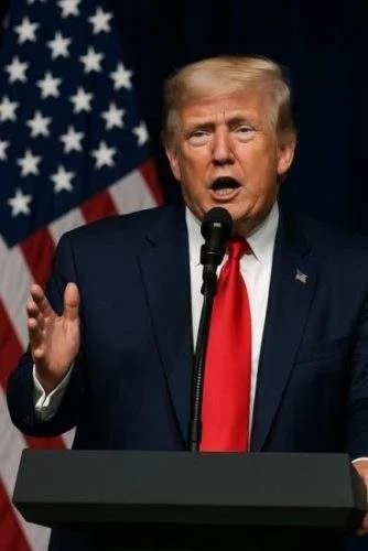 “Donald Trump speaks at a rally, defending his tariffs after a U.S. appeals court ruled them unlawful, warning of national and military collapse without them.”