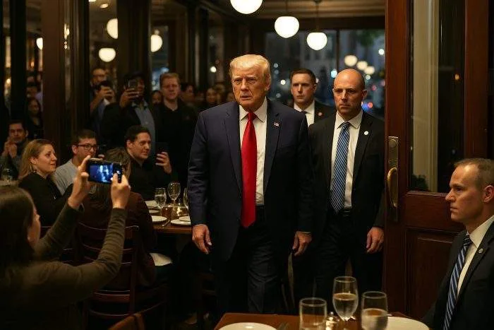Former U.S. President Donald Trump enters Joe’s Seafood restaurant in Washington, D.C., flanked by Secret Service agents as surprised diners take photos.