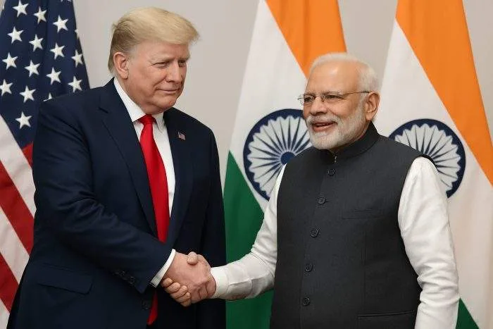 U.S. President Donald Trump and Indian Prime Minister Narendra Modi shake hands during a bilateral meeting.