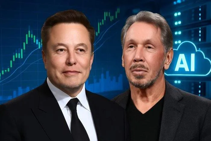 Elon Musk and Larry Ellison side by side against a backdrop of stock market charts and AI cloud graphics.
