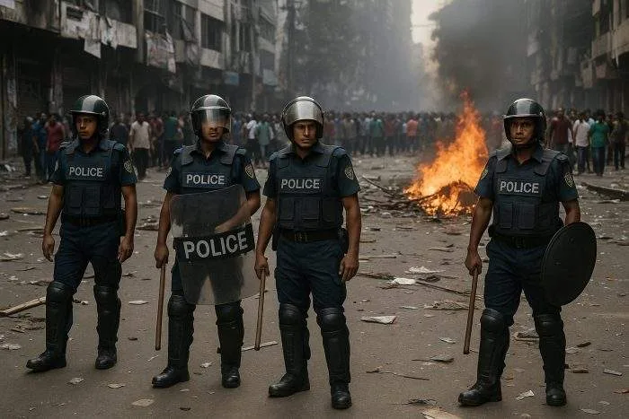 Riot police stand guard in Dhaka as mobs gather nearby, with burning debris and vandalized property on the street.