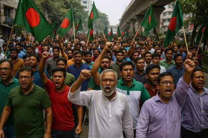 ঢাকার রাস্তায় আওয়ামী লীগের বিক্ষোভ মিছিল, কর্মীরা পতাকা ওড়াচ্ছে এবং স্লোগান দিচ্ছে।