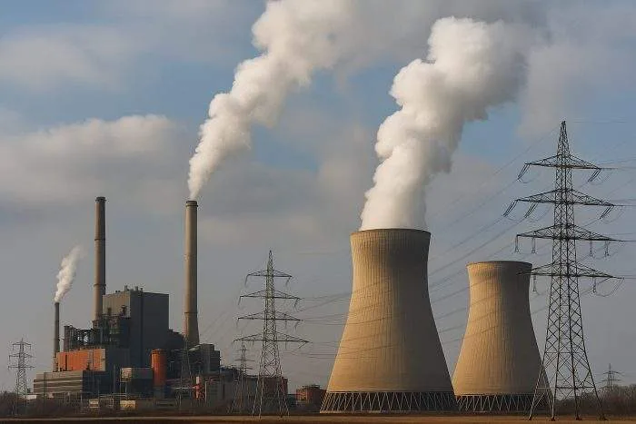 A coal and oil-fired power plant with cooling towers releasing smoke and large transmission towers carrying electricity across the landscape.