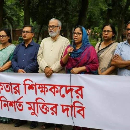 বিশ্ববিদ্যালয় ক্যাম্পাসে শিক্ষকদের মানববন্ধন, হাতে ব্যানারে গ্রেফতারকৃত শিক্ষকদের মুক্তির দাবি লেখা।