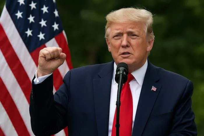 Donald Trump raises his fist while speaking outdoors with an American flag in the background.