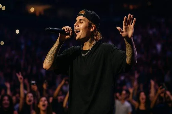 Justin Bieber performs on stage under bright lights, holding a microphone as fans cheer in the background.