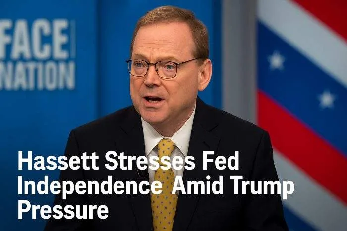 Kevin Hassett speaks during a television interview, emphasizing the importance of Federal Reserve independence from political pressure.