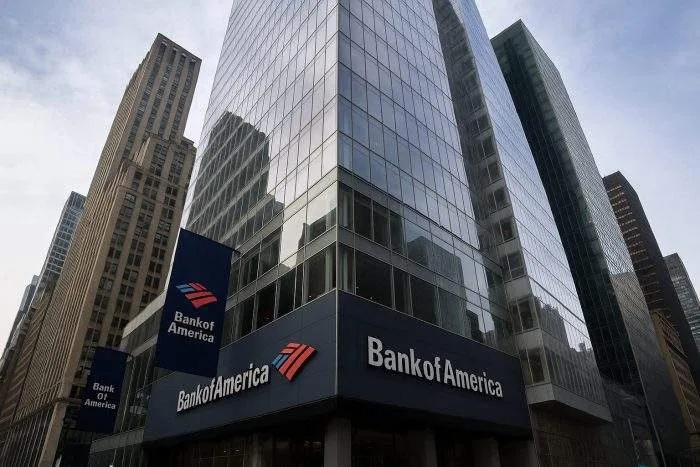 Bank of America headquarters in New York City’s financial district, with glass skyscrapers and the company’s logo on banners