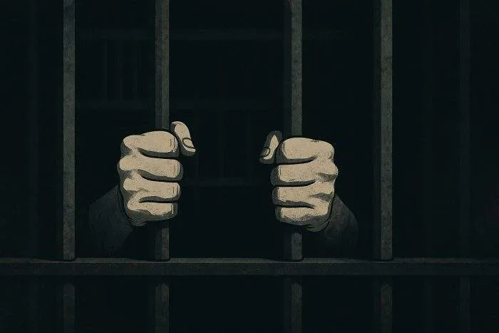 Symbolic illustration of a prisoner’s hands gripping rusted jail bars, representing custodial deaths in Bangladesh.