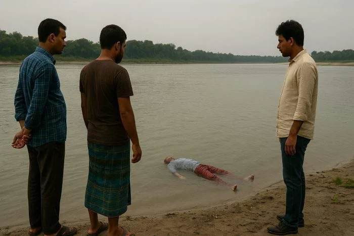 Three men stand on a riverbank looking at a lifeless body floating near the shore, under an overcast sky.