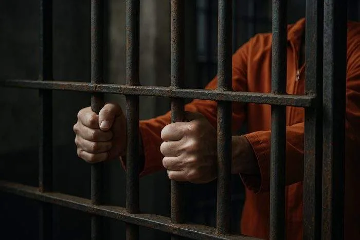 Photo of a prisoner gripping rusty jail bars inside a dimly lit cell, symbolizing custodial deaths in Bangladesh.
