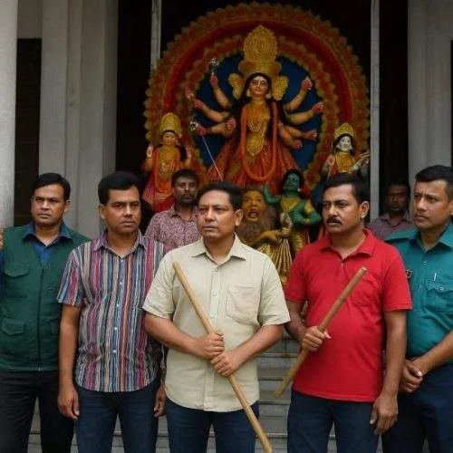 A group of South Asian men stand guard with sticks outside a Durga Puja temple, with a brightly decorated Durga idol and floral arch in the background.
