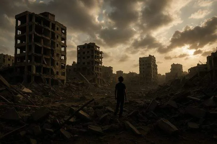 A symbolic depiction of Gaza’s destruction and resilience showing a war-torn cityscape with collapsed high-rises and rubble under a dusky sky, where a lone figure stands amid the devastation.
