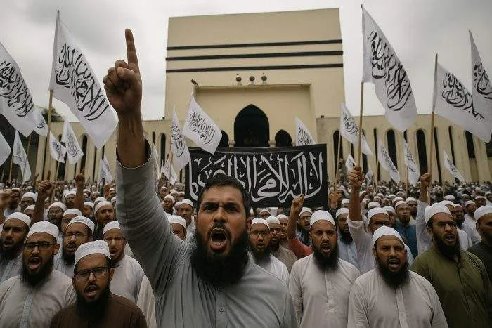 Protesters outside Baitul Mukarram Mosque in Dhaka raise white flags with Islamic calligraphy during a Hizb ut-Tahrir demonstration.