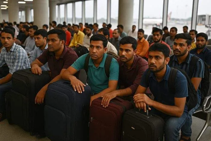 Bangladeshi migrant workers sit with luggage at Dhaka airport, waiting to travel abroad.
