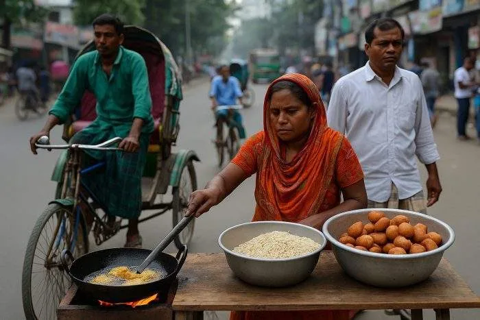 A Bangladeshi woman street vendor fries snacks beside bowls of puffed rice and fritters on a Dhaka roadside as rickshaw-pullers and pedestrians pass by.