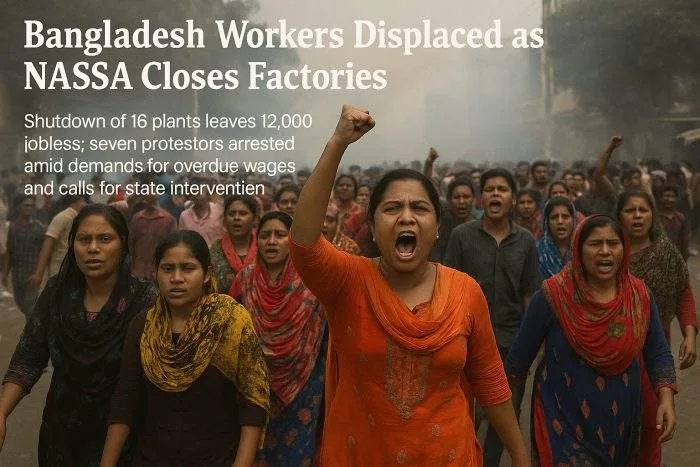 Garment workers in Ashulia protest after NASSA Group abruptly shut 16 factories, leaving 12,000 jobless and sparking demands for overdue wages.