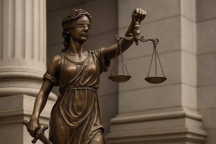 A bronze statue of Lady Justice holding balanced scales and a sword, standing in front of a neoclassical courthouse.