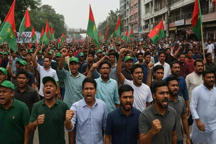 Large crowd of Awami League supporters march through Dhaka streets, waving red and green flags during a mass political demonstration.
