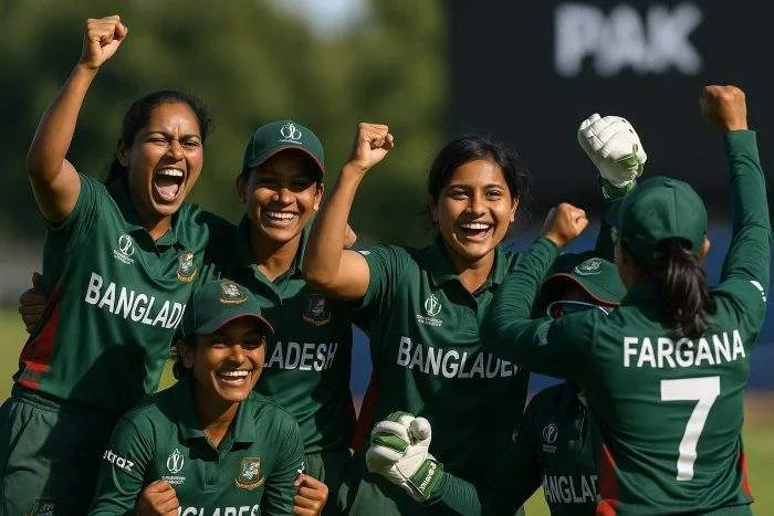 Bangladesh women’s cricket team players celebrate their victory over Pakistan, smiling and raising their fists in joy on the field.