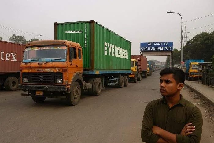 Cargo trucks and container trailers halted near the entrance of Chattogram Port in Bangladesh, with a “Welcome to Chattogram Port” sign visible in the background.