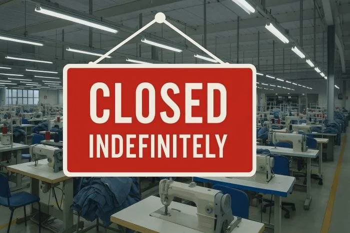 An empty garment factory floor in Chattogram, Bangladesh, with rows of sewing machines and piles of denim, symbolizing industrial shutdown.