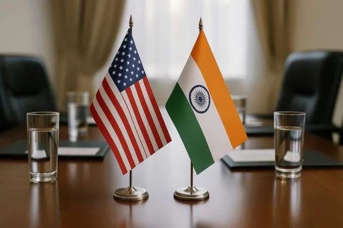 Small American and Indian flags stand side by side on a polished wooden table in a conference room, symbolizing trade talks.