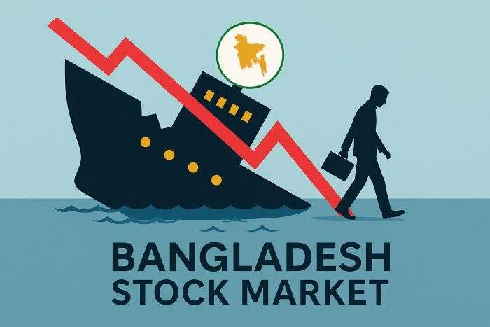 A symbolic illustration of a sinking ship marked “Bangladesh Stock Market,” with a downward red graph line representing financial collapse.