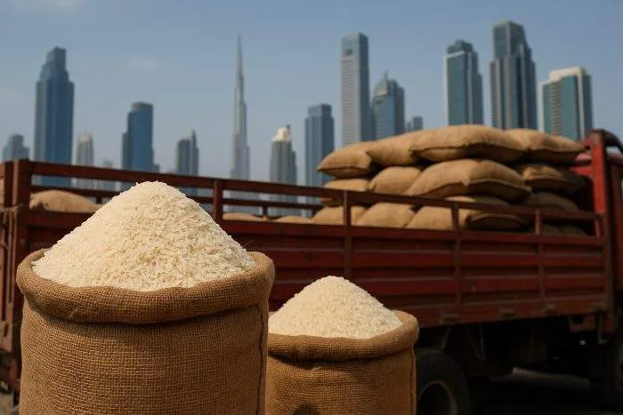 Sacks of parboiled rice loaded on a truck in Dubai with skyscrapers in the background. Title: Rice Re-export Through Dubai