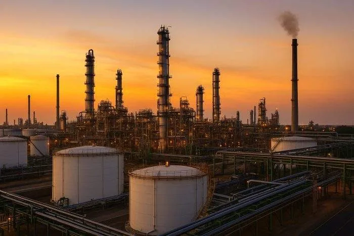 Large oil refinery complex in Jamnagar, India, at sunset with tall distillation towers and pipelines symbolizing reduced Russian oil imports after U.S. sanctions.